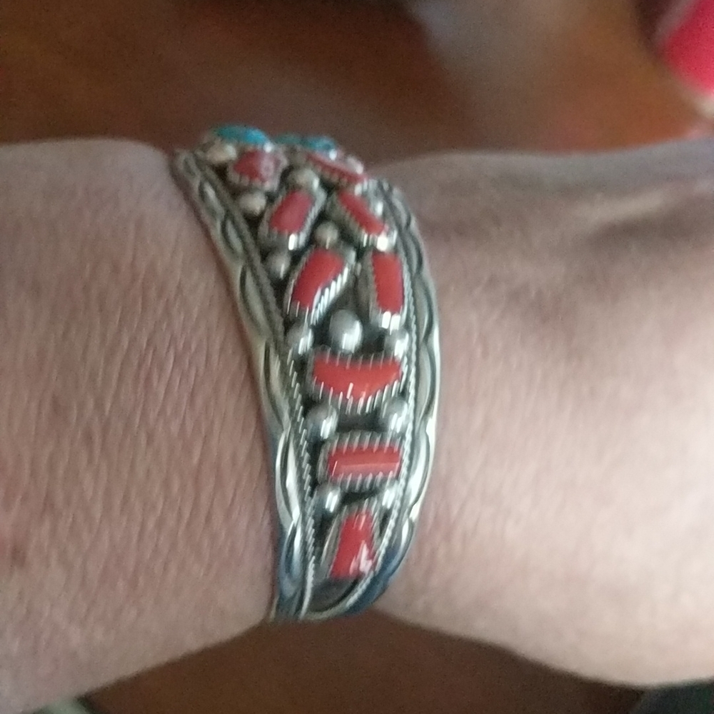 Native American Turquoise & Coral Stamped Cuff - Picture 2 of 10